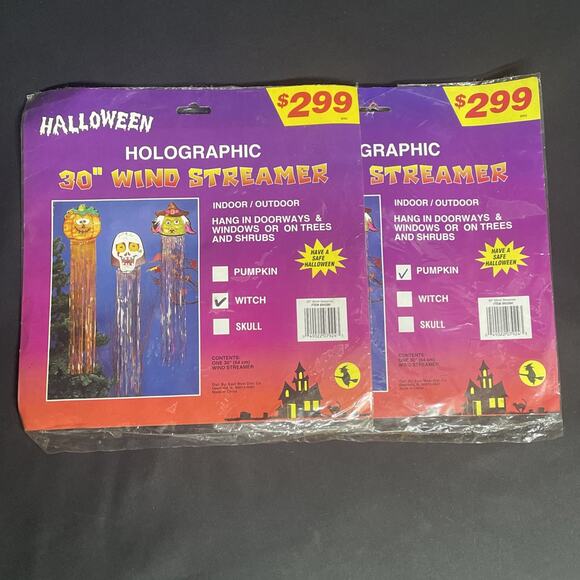 East West Dist. Other - NOS 30” Die Cut Cardboard Holographic Wind Streamer Pumpkin Witch Vtg Halloween
